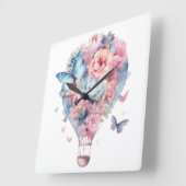 パステルウォーターカラーピンクブルーホットエアバルーン スクエア壁時計 (傾斜)