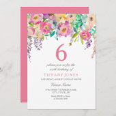 パステルウォーターカラーフラワーズガールズ6thバースデーパーティー 招待状 (正面/裏面)