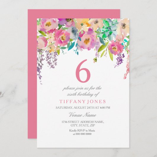 パステルウォーターカラーフラワーズガールズ6thバースデーパーティー 招待状 (正面/裏面)