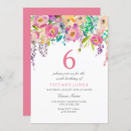 パステルウォーターカラーフラワーズガールズ6thバースデーパーティー 招待状