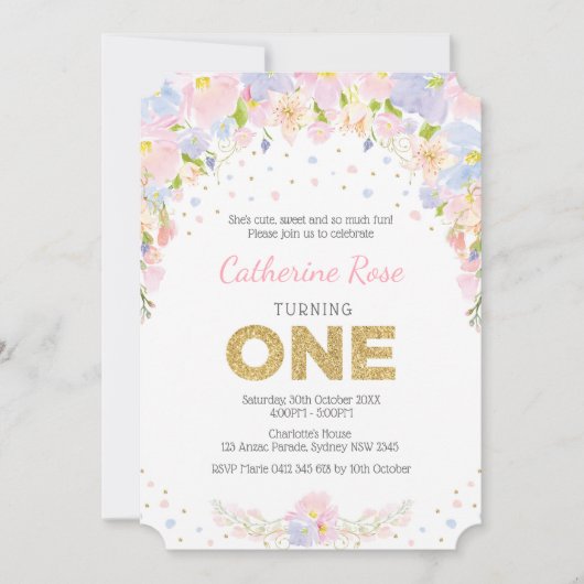 パステルウォーターカラーフラワーファースト誕生日招待状 招待状 (正面)