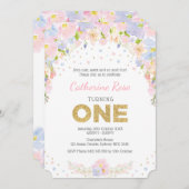 パステルウォーターカラーフラワーファースト誕生日招待状 招待状 (正面/裏面)