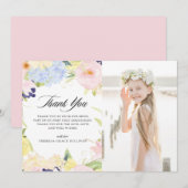 パステルウォーターカラーフラワーフレームファーストコミュニオン サンキューカード (正面/裏面)