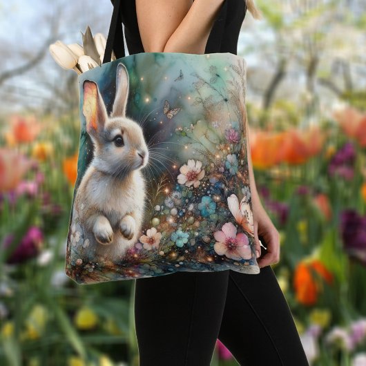 パステルウォーターカラーフローラウッドランドバニーイースター トートバッグ
