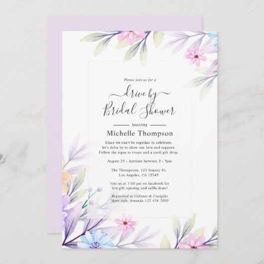 パステルウォーターカラーフローラドライブバイシャワー 招待状 (正面/裏面)