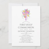 パステルウォーターカラーフローラファーストホーリーコミュニオン 招待状 (正面)