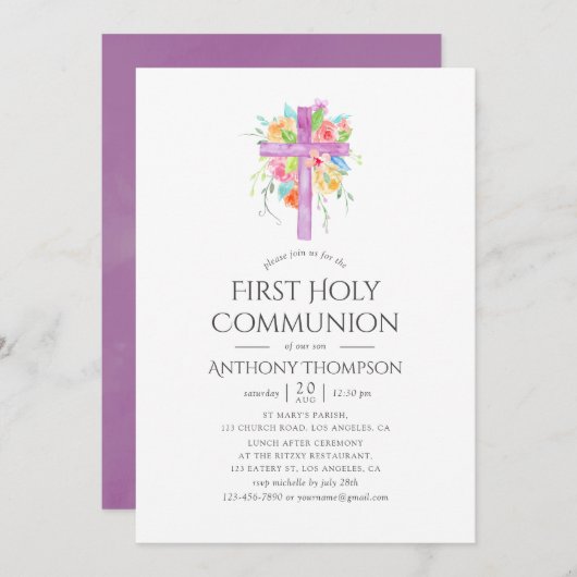 パステルウォーターカラーフローラファーストホーリーコミュニオン 招待状 (正面/裏面)