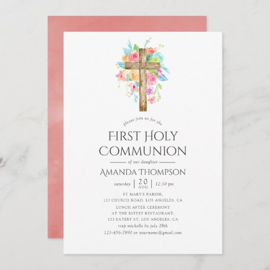 パステルウォーターカラーフローラファーストホーリーコミュニオン 招待状 (正面/裏面)
