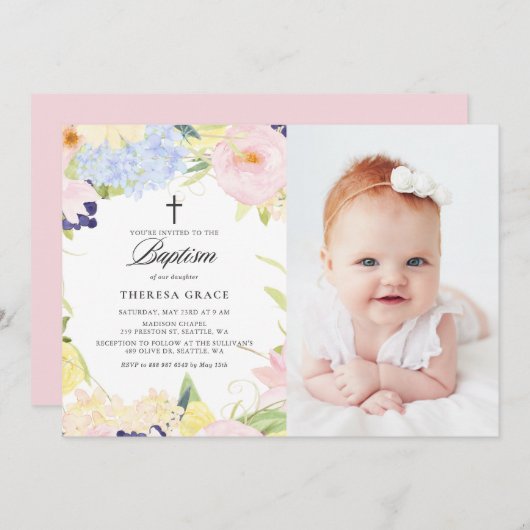 パステルウォーターカラーフローラフレームフォトバプテスマ 招待状 (正面/裏面)