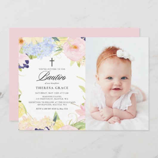 パステルウォーターカラーフローラフレームフォトボーチゾ 招待状 (正面/裏面)