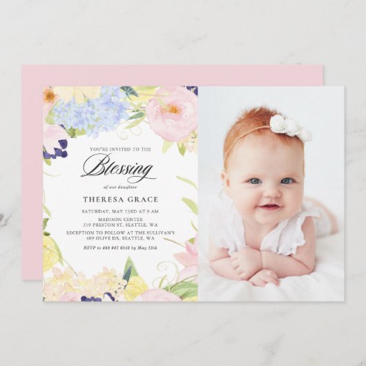 パステルウォーターカラーフローラフレームフォト賛美ズ 招待状 (正面/裏面)