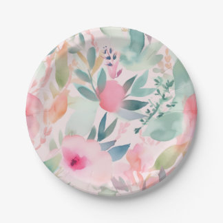 パステルウォーターカラーフローラブライダルシャワー ペーパープレート