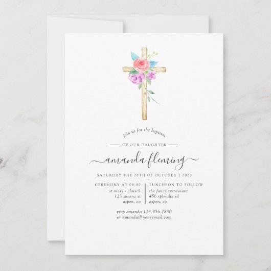 パステルウォーターカラーフローラベビーバプテスマ/《キリスト教》洗礼式や命名式 招待状 (正面)