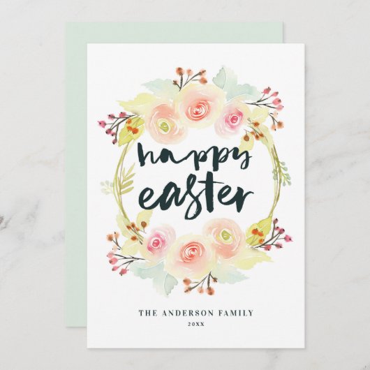 パステルウォーターカラーフローラリースハッピーイースター シーズンカード (正面/裏面)