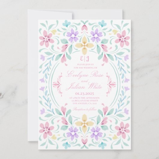 パステルウォーターカラーフローラ結婚式招待状 招待状 (正面)