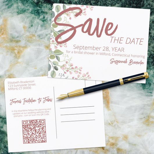 パステルウォーターカラーフローラ縁どブライダルシャワー 案内ポストカード