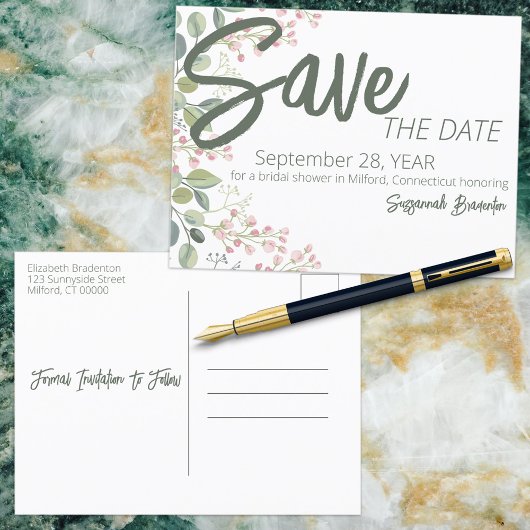 パステルウォーターカラーフローラ縁どブライダルシャワー 案内ポストカード