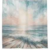 パステルウォーターカラーブルービーチ海波木材 シャワーカーテン (正面)