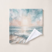 パステルウォーターカラーブルービーチ海波木材 バスタオルセット (ウォッシュタオル)