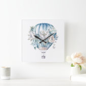 パステルウォーターカラーブルーホワイトホットエアバルーン スクエア壁時計 (ホーム)