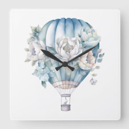 パステルウォーターカラーブルーホワイトホットエアバルーン スクエア壁時計