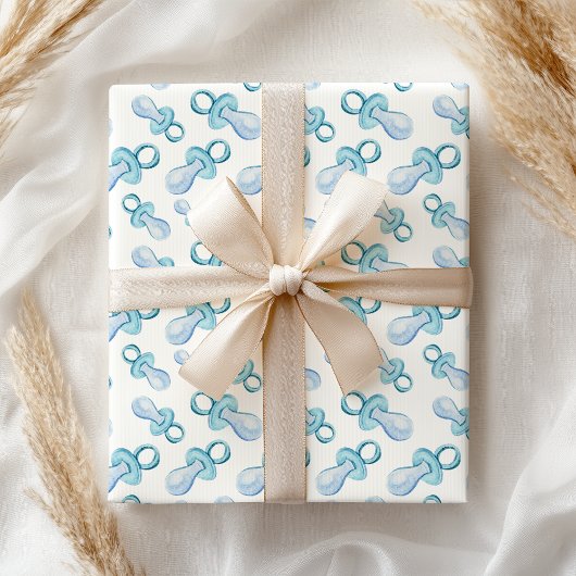 パステルウォーターカラーブルー男の赤ちゃんおしゃぶり ラッピングペーパー