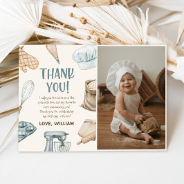 パステルウォーターカラーベーキングボーイ誕生日写真 サンキューカード