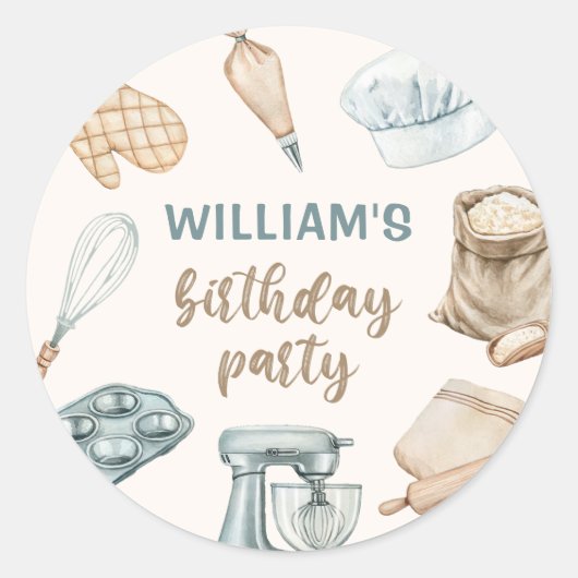 パステルウォーターカラーベーキングボーイ誕生日 ラウンドシール (正面)
