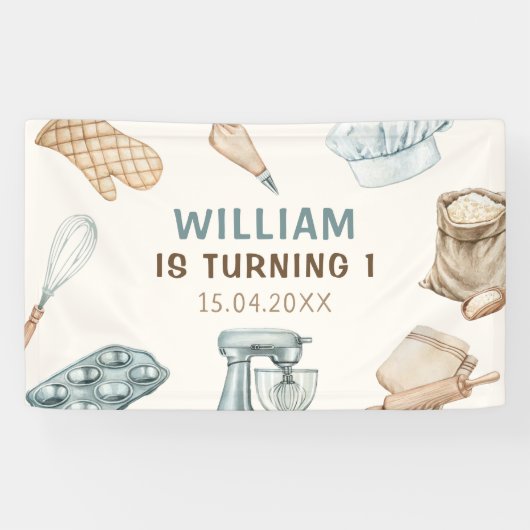 パステルウォーターカラーベーキングボーイ誕生日 横断幕 (横)