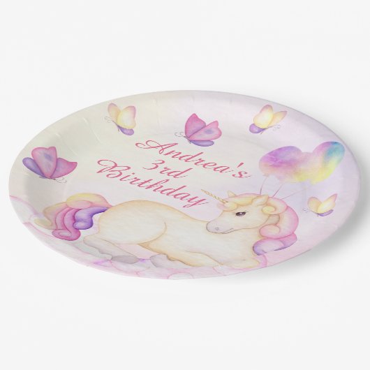 パステルウォーターカラーユニコーンとバルーン ペーパープレート (アングル)