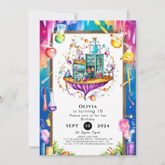 パステルウォーターカラーラボサイエンティスト誕生日 招待状 (正面)