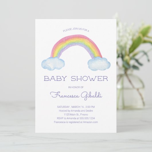 パステルウォーターカラーレインボーと散水ベビーシャワー 招待状 (スタンド正面)