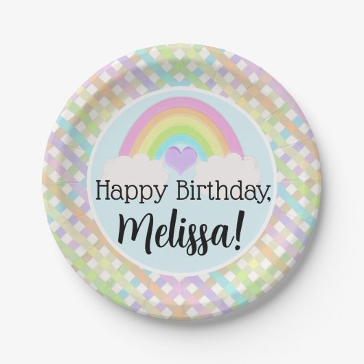 パステルウォーターカラーレインボーギンガムハッピーバースデー ペーパープレート (正面)