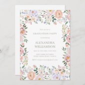 パステルウォーターカラーワイルドフラワーズ卒業パーティー 招待状 (正面/裏面)