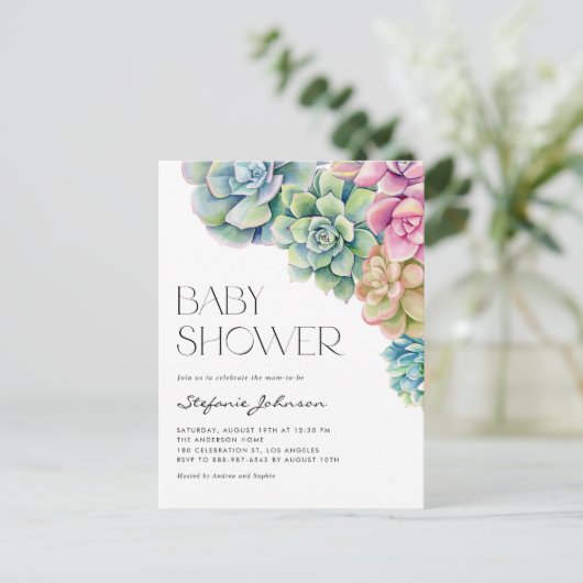 パステルウォーターカラー多肉夏ベビーシャワー インビテーションポストカード (スタンド正面)