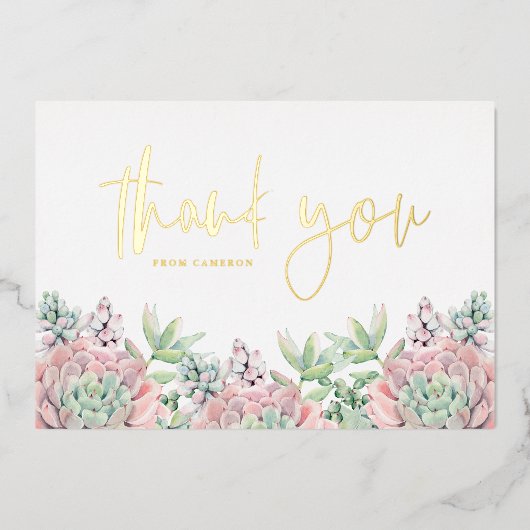パステルウォーターカラー多肉類サンキューカード 箔招待状 (正面)