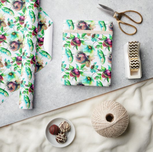 パステルウォーターカラー抽象芸術花 ラッピングペーパー (クラフト)