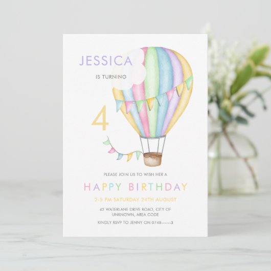 パステルウォーターカラー熱気球キッズ誕生日 招待状 (スタンド正面)