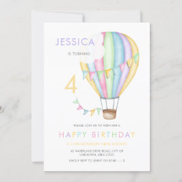 パステルウォーターカラー熱気球キッズ誕生日 招待状