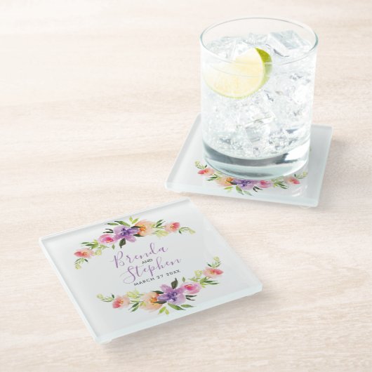 パステルウォーターカラー結婚フラワーズリース ガラスコースター (アングル)