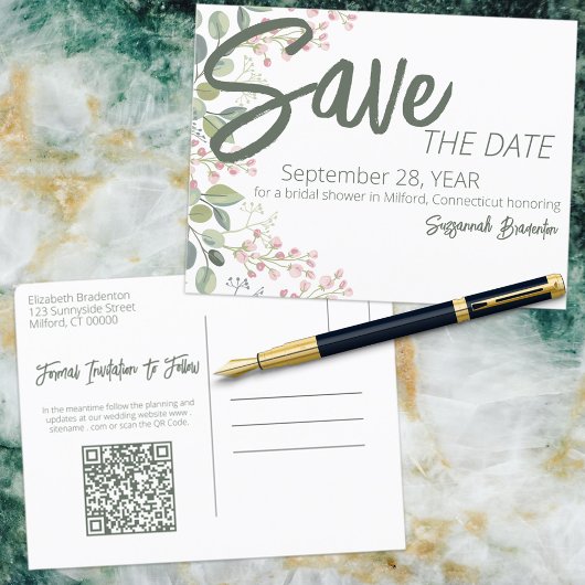 パステルウォーターカラー縁どフローラブライダルシャワーアンノ 案内ポストカード