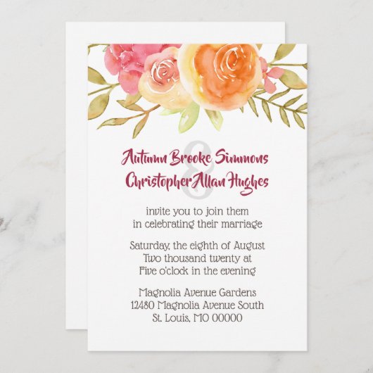 パステルウォーターカラー花模様結婚式招待状 招待状 (正面/裏面)