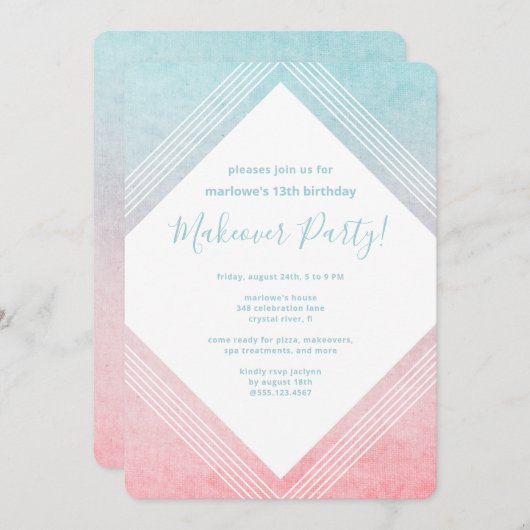 パステルウォーターカラー誕生日メイクオーバーパーティーアクア 招待状 (正面/裏面)