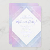 パステルウォーターカラー誕生日メイクオーバーパーティー紫 招待状 (正面/裏面)