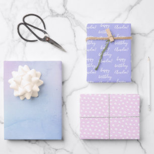 パステルウォーターカラー誕生日名ピンクパープル ラッピングペーパーシート