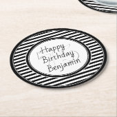 パステルエイジ白黒ストライプハッピーバースデー ラウンドペーパーコースター (アングル)