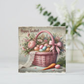 パステルエッグとニンジンを備えたヴィンテージの素朴なバスケット シーズンカード (スタンド正面)