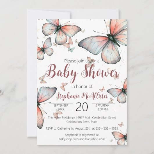 パステルエレガントお洒落蝶ベビーシャワー 招待状 (正面)