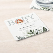 パステルエレガントかわいいボホライオンの葉ベビーシャワー スクエアペーパーコースター (アングル)