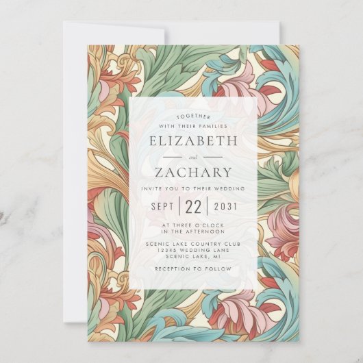 パステルエレガントアールヌーボーボタニカル結婚ズ 招待状 (正面)